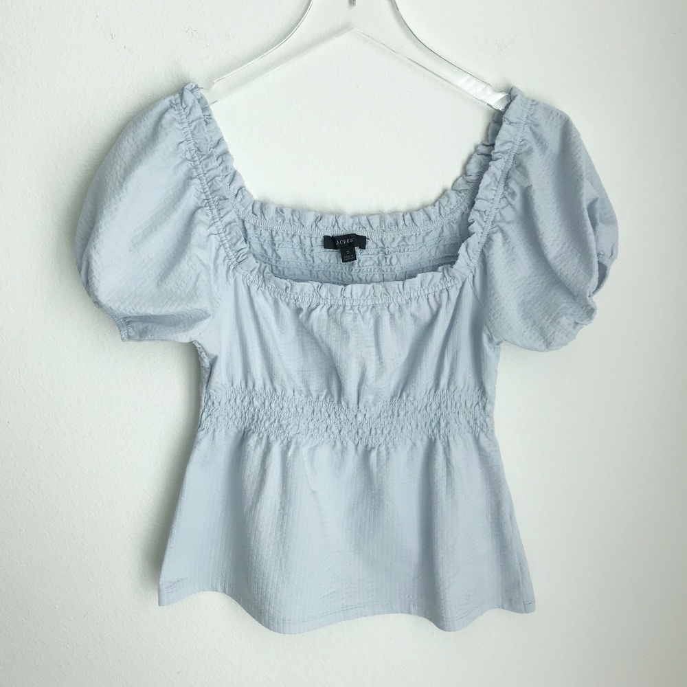 J Crew Seersucker Smocked Puff Sleeve Blouse Top Size S Square Neck Serene Blue